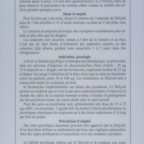 Extrait de la notice française du Delysid, qui mentionne l&rsquo;hypothèse psychotomimétique.